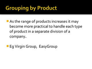  As the range of products increases it may
become more practical to handle each type
of product in a separate division of a
company.
Eg Virgin Group, EasyGroup