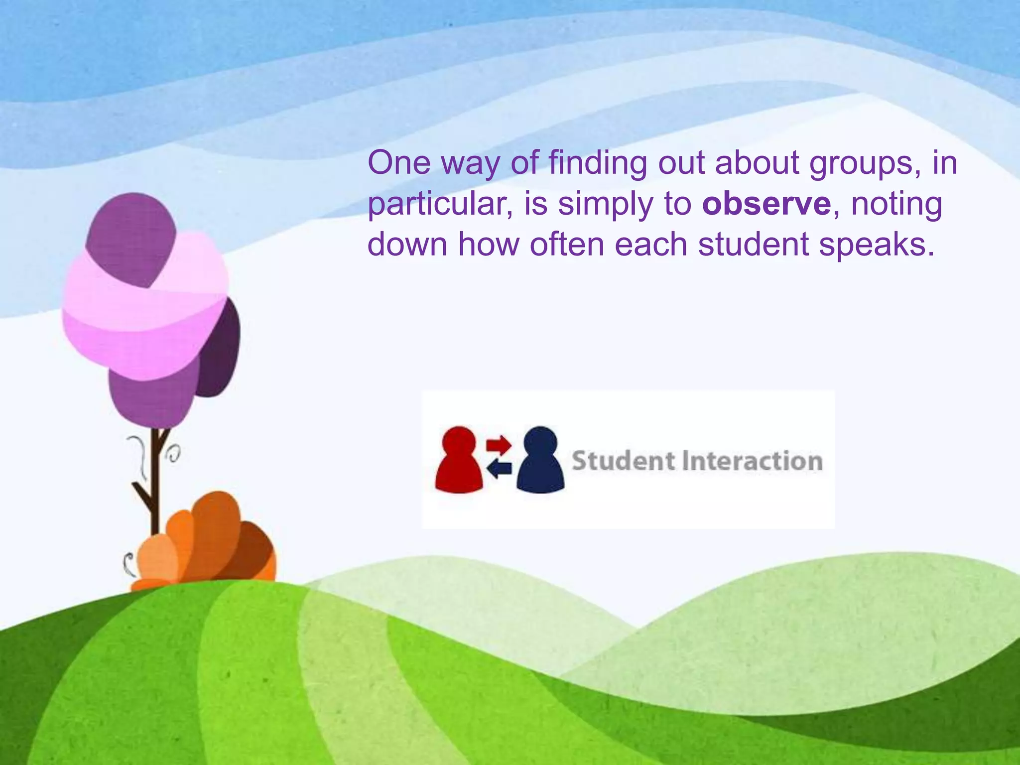 One way of finding out about groups, in
particular, is simply to observe, noting
down how often each student speaks.
 