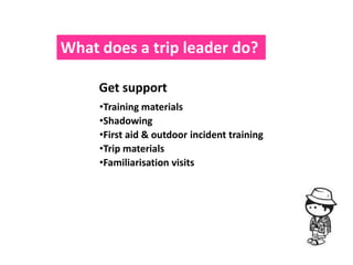 What does a trip leader do?

     Get support
     •Training materials
     •Shadowing
     •First aid & outdoor incident training
     •Trip materials
     •Familiarisation visits
 