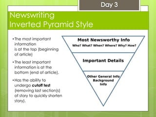 Newswriting
Inverted Pyramid Style
• The most important
information
is at the top (beginning
of article)
• The least important
information is at the
bottom (end of article).
• Has the ability to
undergo cutoff test
(removing last section(s)
of story to quickly shorten
story).
 