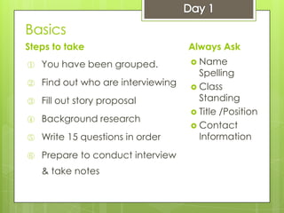 Basics
Steps to take
① You have been grouped.
② Find out who are interviewing
③ Fill out story proposal
④ Background research
⑤ Write 15 questions in order
⑥ Prepare to conduct interview
& take notes
Always Ask
 Name
Spelling
 Class
Standing
 Title /Position
 Contact
Information
 