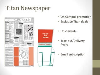 Titan Newspaper
                  • On Campus promotion
                  • Exclusive Titan deals

                  • Host events

                  • Take-out/Delivery
                    flyers

                  • Email subscription
 