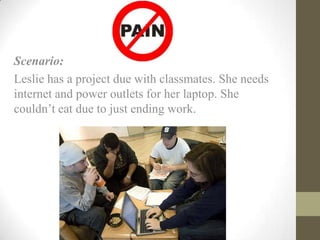 Scenario:
Leslie has a project due with classmates. She needs
internet and power outlets for her laptop. She
couldn’t eat due to just ending work.
 