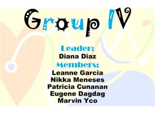 Group IV
Leader:
Diana Diaz
Members:
Leanne Garcia
Nikka Meneses
Patricia Cunanan
Eugene Dagdag
Marvin Yco
 