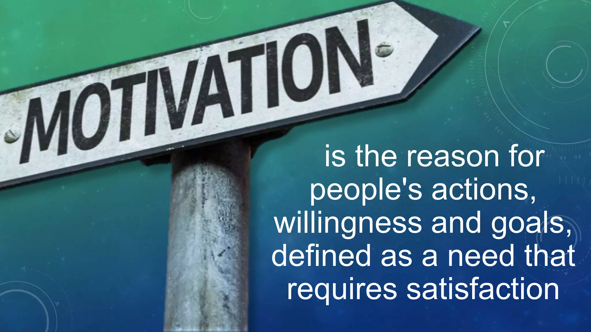 is the reason for
people's actions,
willingness and goals,
defined as a need that
requires satisfaction
 