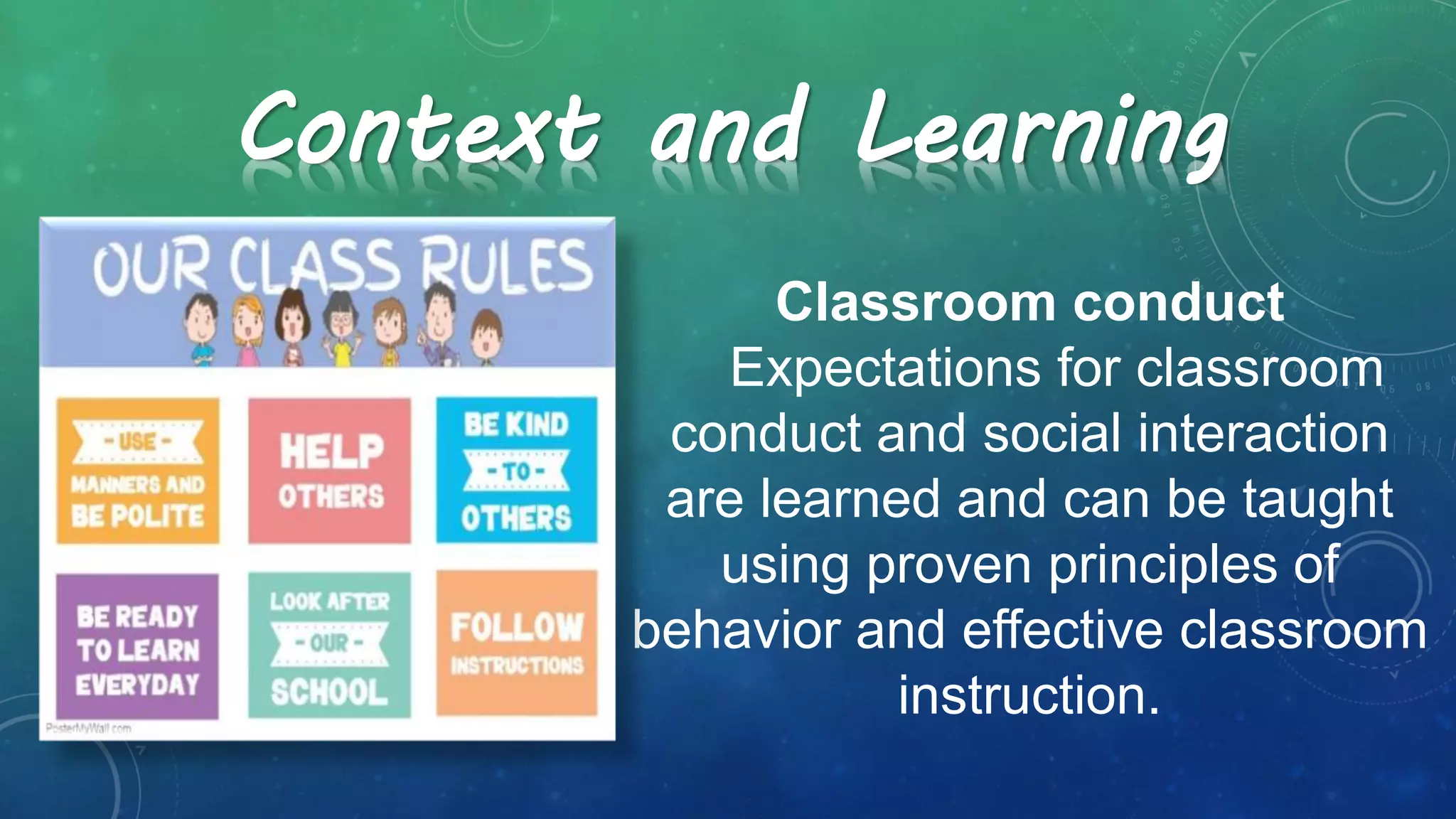 Classroom conduct
Expectations for classroom
conduct and social interaction
are learned and can be taught
using proven principles of
behavior and effective classroom
instruction.
Context and Learning
 