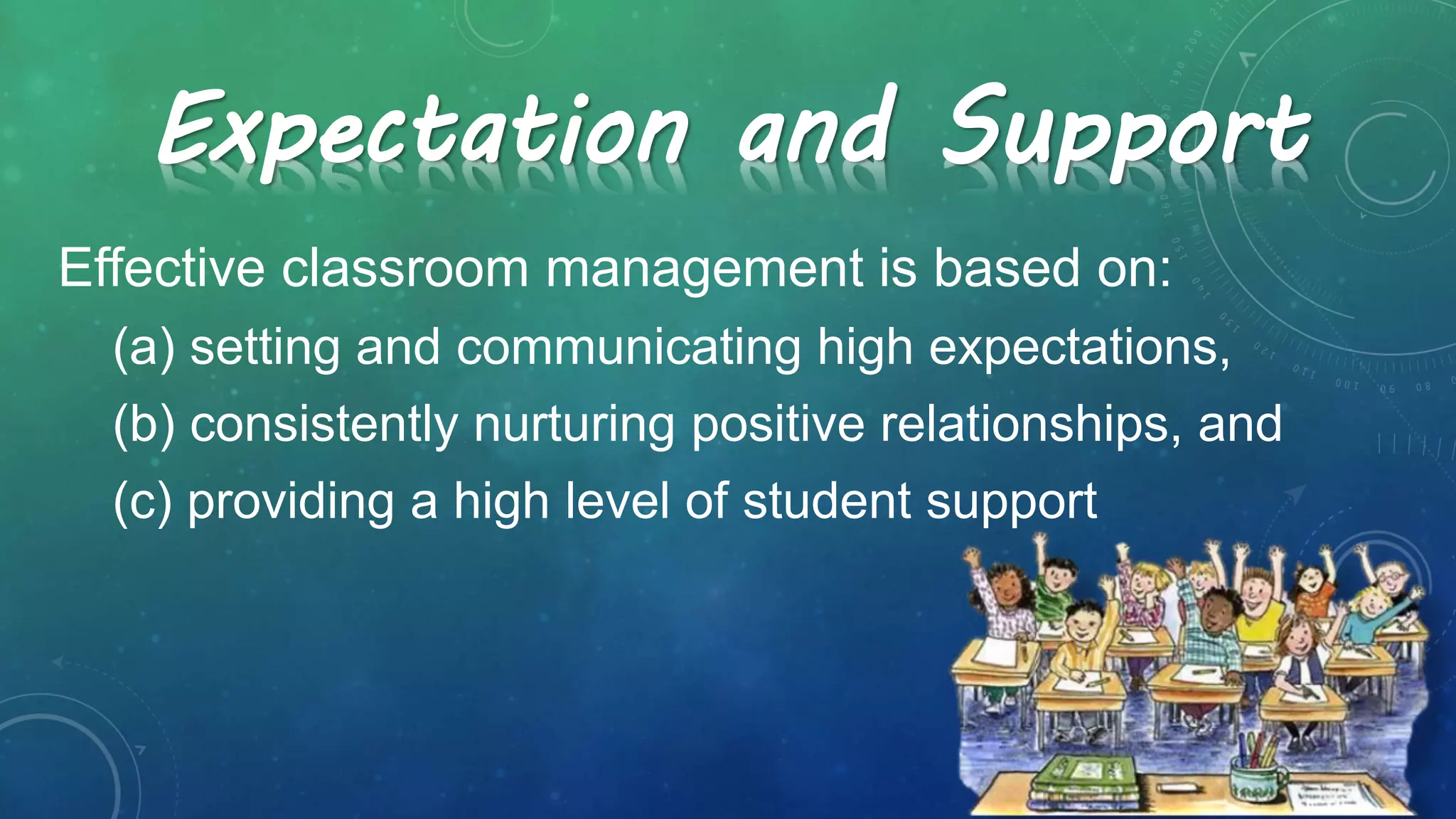 Effective classroom management is based on:
(a) setting and communicating high expectations,
(b) consistently nurturing positive relationships, and
(c) providing a high level of student support
Expectation and Support
 