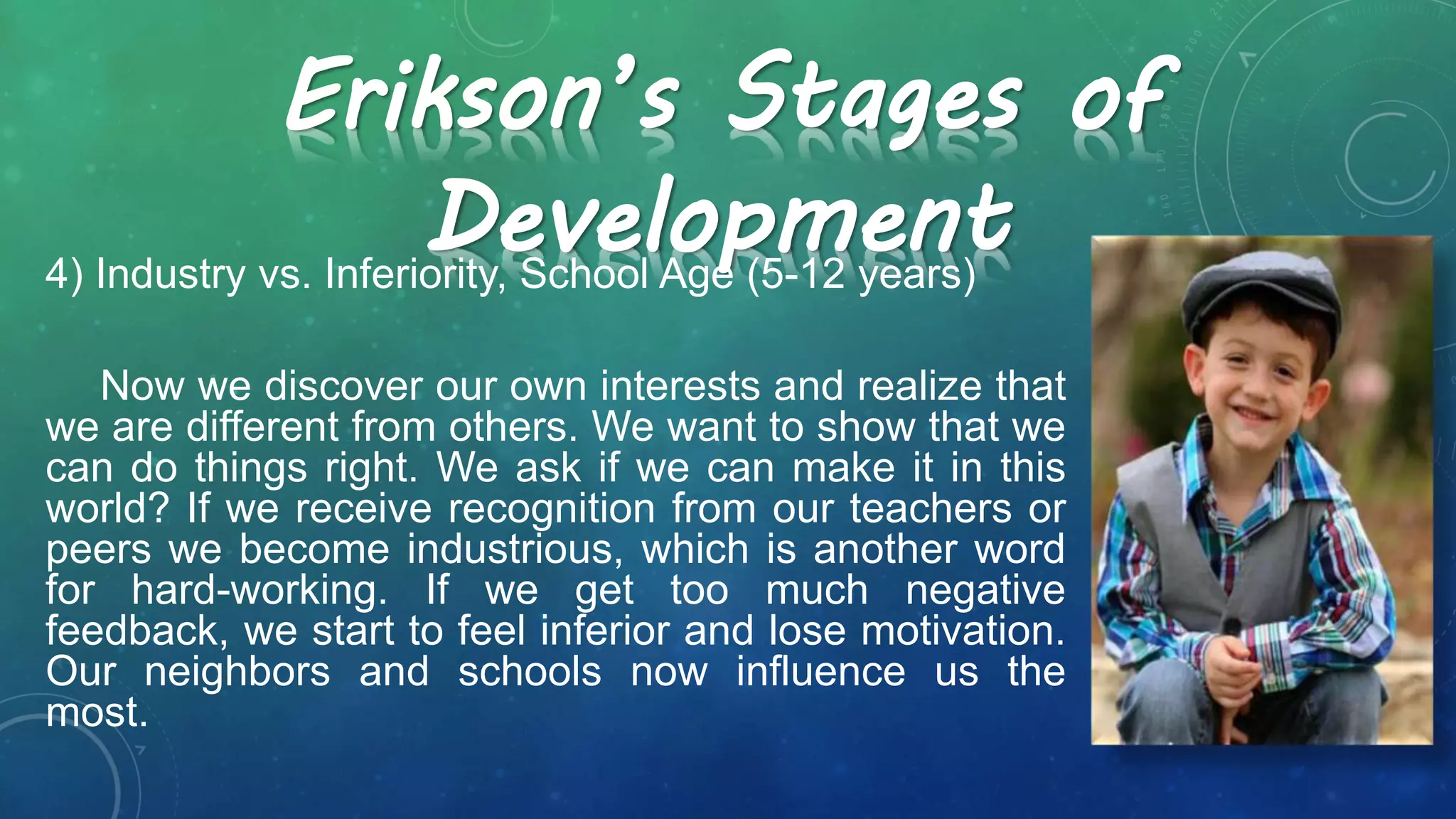 Erikson’s Stages of
Development4) Industry vs. Inferiority, School Age (5-12 years)
Now we discover our own interests and realize that
we are different from others. We want to show that we
can do things right. We ask if we can make it in this
world? If we receive recognition from our teachers or
peers we become industrious, which is another word
for hard-working. If we get too much negative
feedback, we start to feel inferior and lose motivation.
Our neighbors and schools now influence us the
most.
 