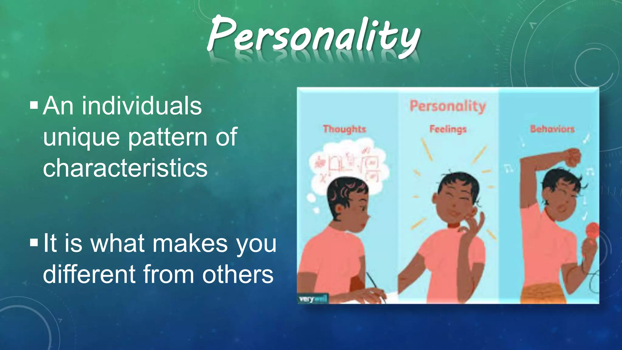 Personality
An individuals
unique pattern of
characteristics
It is what makes you
different from others
 