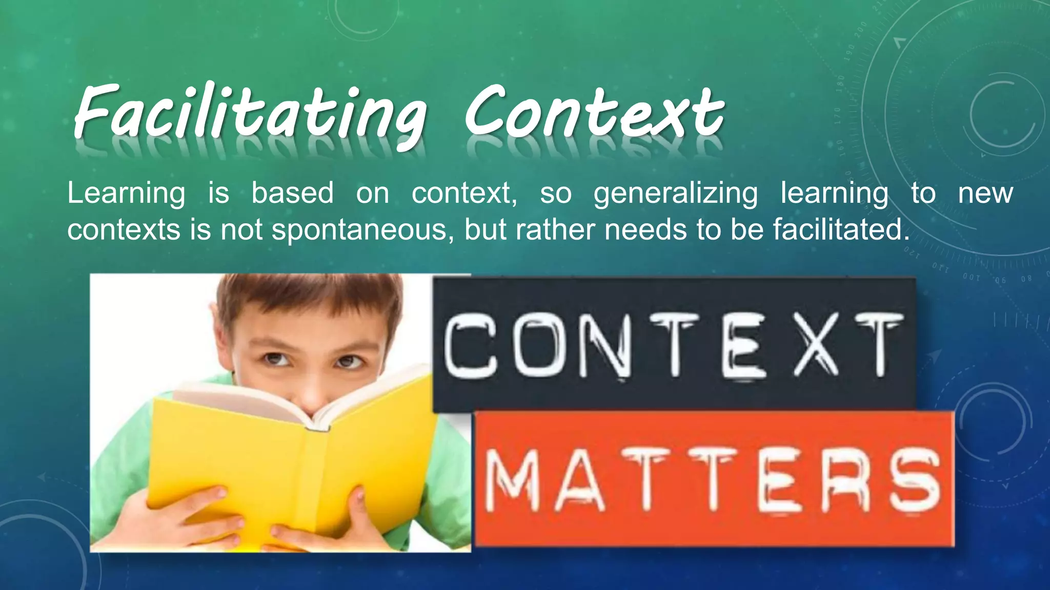 Facilitating Context
Learning is based on context, so generalizing learning to new
contexts is not spontaneous, but rather needs to be facilitated.
 