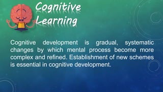 Cognitive
Learning
Cognitive development is gradual, systematic
changes by which mental process become more
complex and refined. Establishment of new schemes
is essential in cognitive development.
 