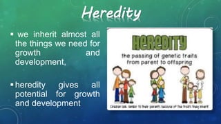 Heredity
 we inherit almost all
the things we need for
growth and
development,
 heredity gives all
potential for growth
and development
 