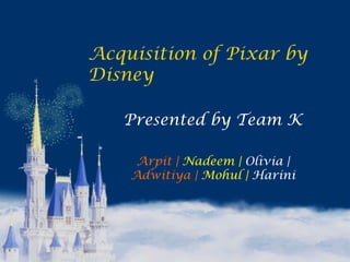 Acquisition of Pixar by
Disney
Presented by Team K
Arpit | Nadeem | Olivia |
Adwitiya | Mohul | Harini
 