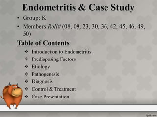Endometritis & Case Study
• Group: K
• Members Roll# (08, 09, 23, 30, 36, 42, 45, 46, 49,
50)
Table of Contents
 Introduction to Endometritis
 Predisposing Factors
 Etiology
 Pathogenesis
 Diagnosis
 Control & Treatment
 Case Presentation
 