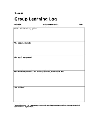 Groups
Group Learning Log
Project: Group Members: Date:
We had the following goals:
We accomplished:
Our next steps are:
Our most important concerns/problems/questions are:
We learned:
"Group Learning Log" is adapted from materials developed by Autodesk Foundation and Sir
Francis Drake High School.
 