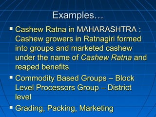 Examples…Examples…
 Cashew Ratna inCashew Ratna in MAHARASHTRAMAHARASHTRA ::
Cashew growers in Ratnagiri formedCashew growers in Ratnagiri formed
into groups and marketed cashewinto groups and marketed cashew
under the name ofunder the name of Cashew RatnaCashew Ratna andand
reaped benefitsreaped benefits
 Commodity Based Groups – BlockCommodity Based Groups – Block
Level Processors Group – DistrictLevel Processors Group – District
levellevel
 Grading, Packing, MarketingGrading, Packing, Marketing
 