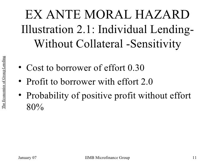 microfinance institutions MFIs can also significantly reduce the incidence ex-ante moral hazard. Since monitoring by MFI officers is assumed to be costly and unsustainable, joint