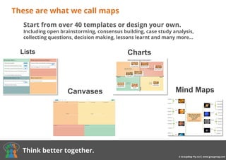 Buy now from $8/month
These are what we call maps
© GroupMap Pty Ltd | www.groupmap.com
Think better together.
Lists Charts
Mind Maps
Start from over 40 templates or design your own.
Including open brainstorming, consensus building, case study analysis,
collecting questions, decision making, lessons learnt and many more…
Canvases
 
