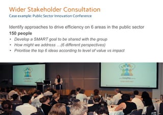 Wider Stakeholder Consultation
Case example: Public Sector Innovation Conference
Identify approaches to drive efficiency on 6 areas in the public sector
150 people
• Develop a SMART goal to be shared with the group
• How might we address …(6 different perspectives)
• Prioritise the top 6 ideas according to level of value vs impact
 