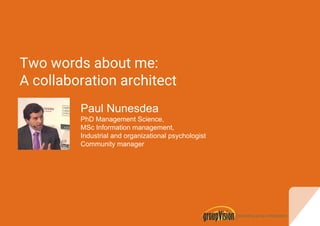 Two words about me:
A collaboration architect
Paul Nunesdea
PhD Management Science,
MSc Information management,
Industrial and organizational psychologist
Community manager
 