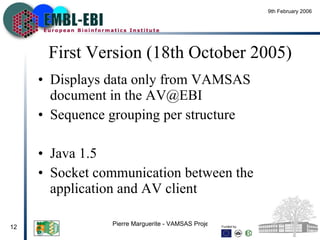 First Version (18th October 2005) Displays data only from VAMSAS document in the AV@EBI  Sequence  grouping per structure Java 1.5 Socket communication  between  the application and AV client 