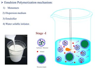  Emulsion Polymerization mechanism:
1) Monomers
2) Dispersion medium
3) Emulsifier
4) Water soluble initiator.
Stage -I
 