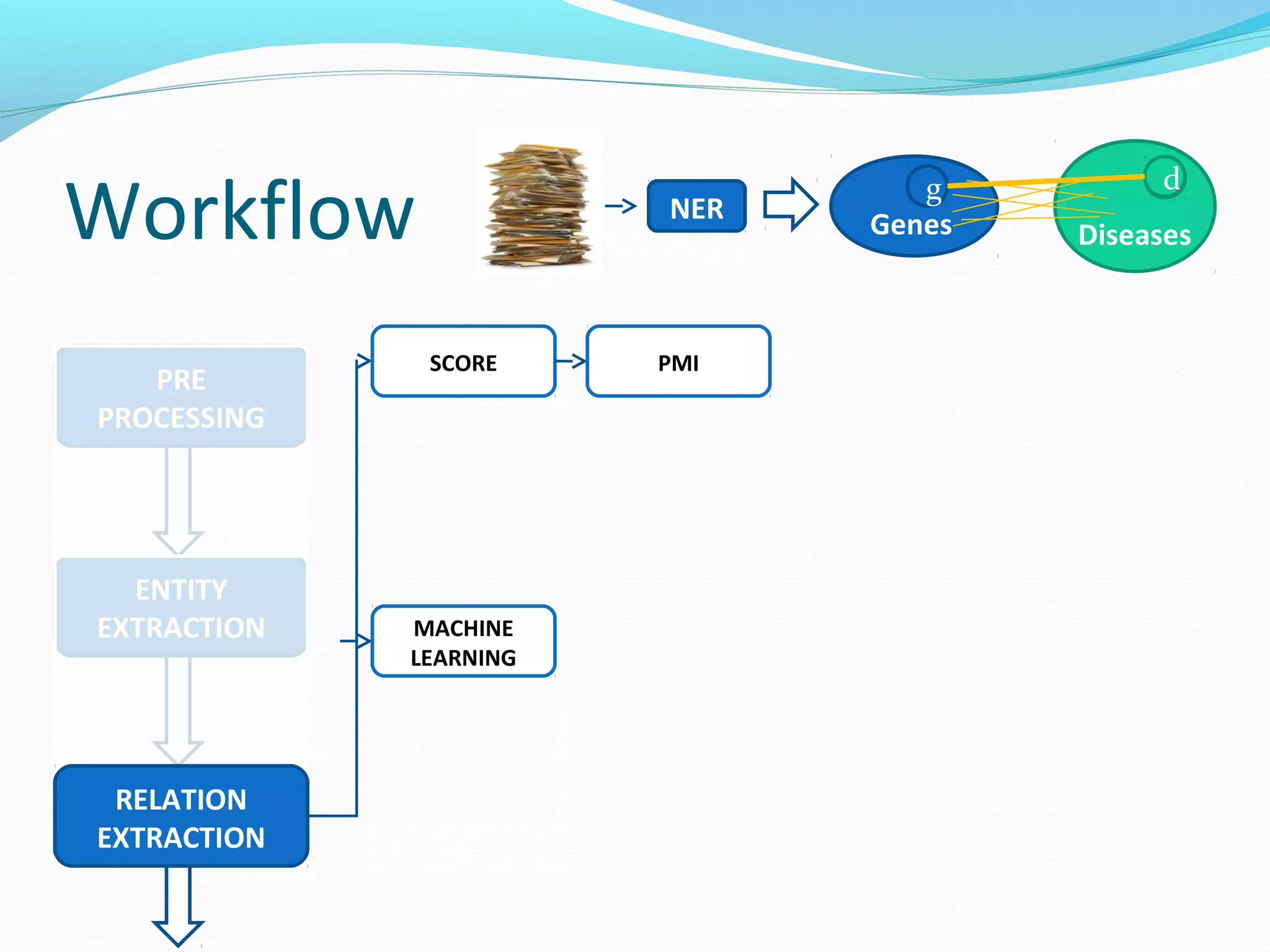 Workflow
ENTITY
EXTRACTION
PRE
PROCESSING
RELATION
EXTRACTION
MACHINE
LEARNING
SCORE PMI
DiseasesGenes
g d
NER
 
