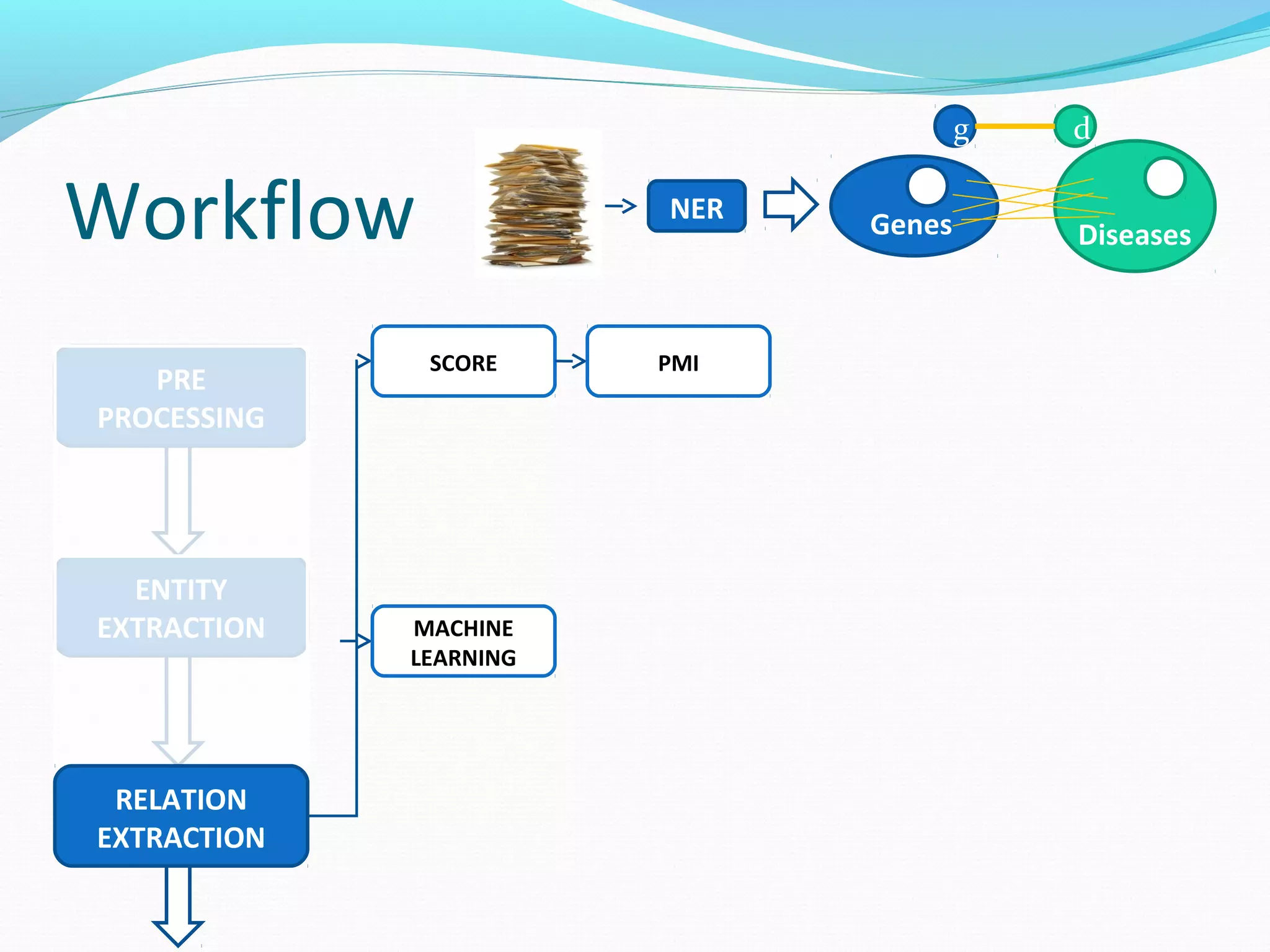 Workflow
ENTITY
EXTRACTION
PRE
PROCESSING
RELATION
EXTRACTION
MACHINE
LEARNING
SCORE PMI
DiseasesGenes
g d
NER
 