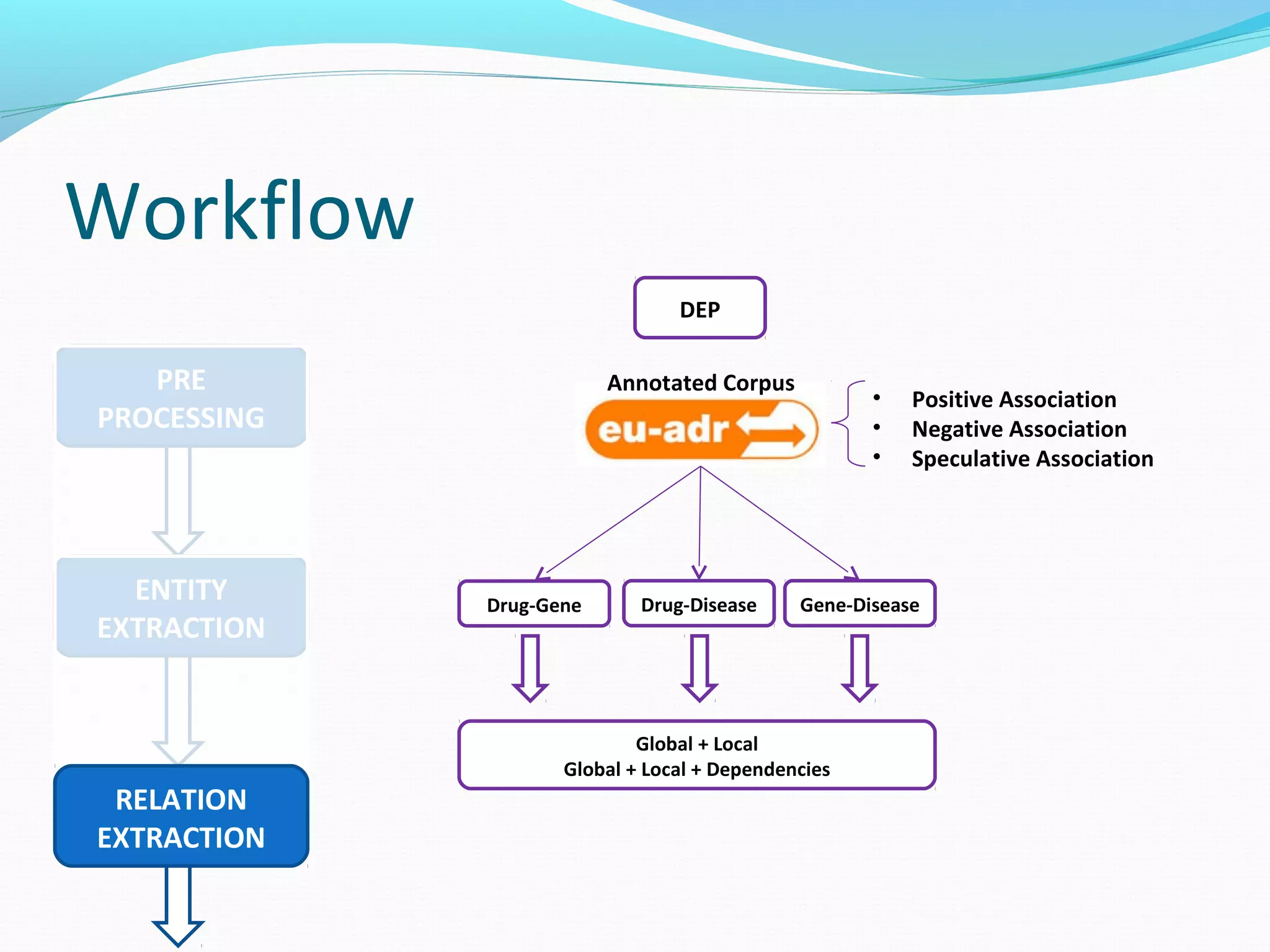 Workflow
PRE
PROCESSING
ENTITY
EXTRACTION
RELATION
EXTRACTION
DEP
Annotated Corpus
Drug-DiseaseDrug-Gene Gene-Disease
• Positive Association
• Negative Association
• Speculative Association
Global + Local
Global + Local + Dependencies
 