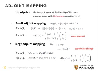 Terry Taewoong Um (terry.t.um@gmail.com)
10
ADJOINT MAPPING
• Lie Algebra : the tangent space at the identity of Lie group
a vector space with Lie bracket operation [x, y]
• Small adjoint mapping
• Large adjoint mapping
cross product
For so(3),
For se(3),
For so(3),
For se(3),
coordinate change
 