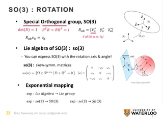Terry Taewoong Um (terry.t.um@gmail.com)
7
SO(3) : ROTATION
• Special Orthogonal group, SO(3)
𝑅 𝑇
𝑅 = 𝑅𝑅 𝑇
= 𝐼det 𝑅 = 1
• Lie algebra of SO(3) : so(3)
𝑅 𝑎𝑏 = [𝑥 𝑎 𝑦𝑎 𝑧 𝑎]
𝑥
𝑦
𝑧
𝑥 of {b} w.r.t. {a}
- You can express SO(3) with the rotation axis & angle!
http://goo.gl/uqilDV
so(3) : skew-symm. matrices
• Exponential mapping
exp ∶ 𝑠𝑜 3 → 𝑆𝑂(3) exp ∶ 𝑠𝑒 3 → 𝑆𝐸(3)
exp ∶ 𝐿𝑖𝑒 𝑎𝑙𝑔𝑒𝑏𝑟𝑎 → 𝐿𝑖𝑒 𝑔𝑟𝑜𝑢𝑝
𝑅 𝑎𝑏 𝑣 𝑏 = 𝑣 𝑎
 