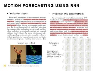 MOTION FORECASTING USING RNN
Terry Taewoong Um (terry.t.um@gmail.com)
• Evaluation criteria • Problem of RNN-based methods
for short-term (<=0.5s) for long-term
(>=1s)
Learning Human
Motion Models for
Long-term Predictions
(2017), P. Ghosh et al.
 