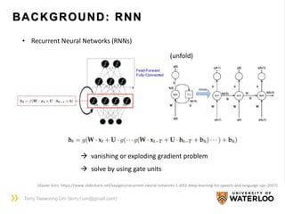 BACKGROUND: RNN
Terry Taewoong Um (terry.t.um@gmail.com)
• Recurrent Neural Networks (RNNs)
(unfold)
 vanishing or exploding gradient problem
 solve by using gate units
(Xavier Giro, https://www.slideshare.net/xavigiro/recurrent-neural-networks-1-d2l2-deep-learning-for-speech-and-language-upc-2017)
 