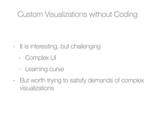 Custom Visualizations without Coding
- It is interesting, but challenging
- Complex UI
- Learning curve
- But worth trying to satisfy demands of complex
visualizations
 