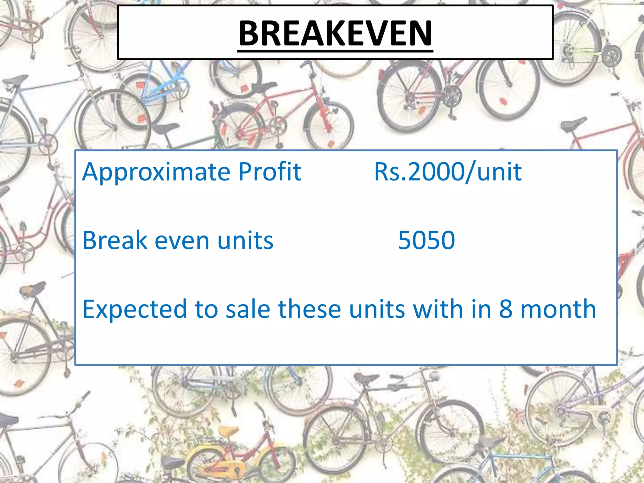 BREAKEVEN
Approximate Profit Rs.2000/unit
Break even units 5050
Expected to sale these units with in 8 month
 