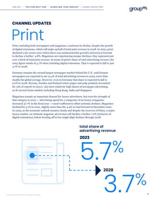 10
Print, including both newspapers and magazines, continues its decline, despite the growth
of digital extensions, which will make up half of total print revenue in 2028. In 2022, print
declined 2.9% versus 2021 (when there was uncharacteristic growth) and 2023 is forecast
to decline a further 4.8%. Magazines are experiencing steeper declines; they represent just
over a third of total print revenue. In terms of print’s share of total advertising revenue, the
2023 figure stands at 5.7% when including digital extensions. That is expected to fall to just
3.7% in 2028.
1 International Forest Products Transport Association
Print
CHANNEL UPDATES
2028
3.7%
2023
5.7%
total share of
advertising revenue
Germany remains the second-largest newspaper market behind the U.S., and German
newspapers are expected to see 13.4% of total advertising revenue in 2023, more than
double the global average. However, even in Germany that share is expected to fall to
9.2% in 2028. Norway, Sweden and Finland (where paper and pulp products accounted
for 13% of exports in 2021),1 also have relatively high shares of newspaper advertising,
as do several Asian markets including Hong Kong, India and Singapore.
Magazines remain an important channel for luxury advertisers, but even the strength of
that category in 2022 — advertising spend for a composite of six luxury companies
increased 37.7% in the fiscal year — wasn’t sufficient to offset systemic declines. Magazines
declined by 5.1% in 2022, slightly more than the 4.4% we had forecast in December 2022.
In 2023, as the economic outlook remains cloudy and despite the recovery of China, a major
luxury market, we estimate magazine ad revenue will decline a further 7.0% (inclusive of
digital extensions), before leveling off to low single-digit declines through 2028.
JUNE 2023 • T H I S Y E A R N E X T Y E A R I G L O B A L M I D - Y E A R F O R E C A S T I CHANNEL UPDATES: PRINT
 