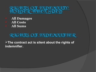 RIGHTS OF INDEMNITYHOLDER WHEN SUED




All Damages
All Costs
All Sums

RIGHTS OF INDEMNIFIER
The contract act is silent about the rights of
indemnifier.

 