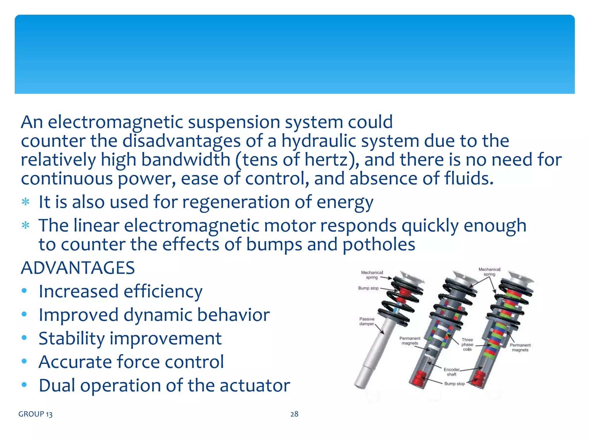 An electromagnetic suspension system could
counter the disadvantages of a hydraulic system due to the
relatively high bandwidth (tens of hertz), and there is no need for
continuous power, ease of control, and absence of fluids.
 It is also used for regeneration of energy
 The linear electromagnetic motor responds quickly enough
to counter the effects of bumps and potholes
ADVANTAGES
• Increased efficiency
• Improved dynamic behavior
• Stability improvement
• Accurate force control
• Dual operation of the actuator
GROUP 13 28
 