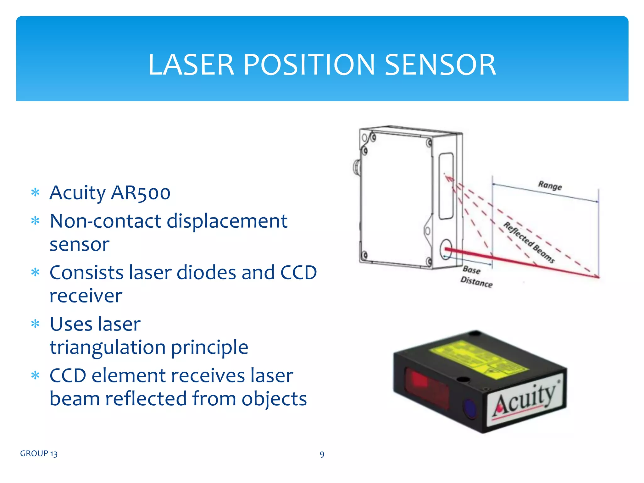  Acuity AR500
 Non-contact displacement
sensor
 Consists laser diodes and CCD
receiver
 Uses laser
triangulation principle
 CCD element receives laser
beam reflected from objects
GROUP 13 9
LASER POSITION SENSOR
 