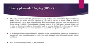 Binary phase-shift keying (BPSK)
 BPSK (also sometimes called PRK, phase reversal keying, or 2PSK) is the simplest form of phase shift keying
(PSK). It uses two phases which are separated by 180° and so can also be termed 2-PSK. It does not
particularly matter exactly where the constellation points are positioned, and in this figure they are shown on
the real axis, at 0° and 180°. This modulation is the most robust of all the PSKs since it takes the highest level
of noise or distortion to make the demodulator reach an incorrect decision. It is, however, only able to
modulate at 1 bit/symbol (as seen in the figure) and so is unsuitable for high data-rate applications.
 In the presence of an arbitrary phase-shift introduced by the communications channel, the demodulator is
unable to tell which constellation point is which. As a result, the data is often differentially encoded prior to
modulation.
 BPSK is functionally equivalent to 2-QAM modulation.
 