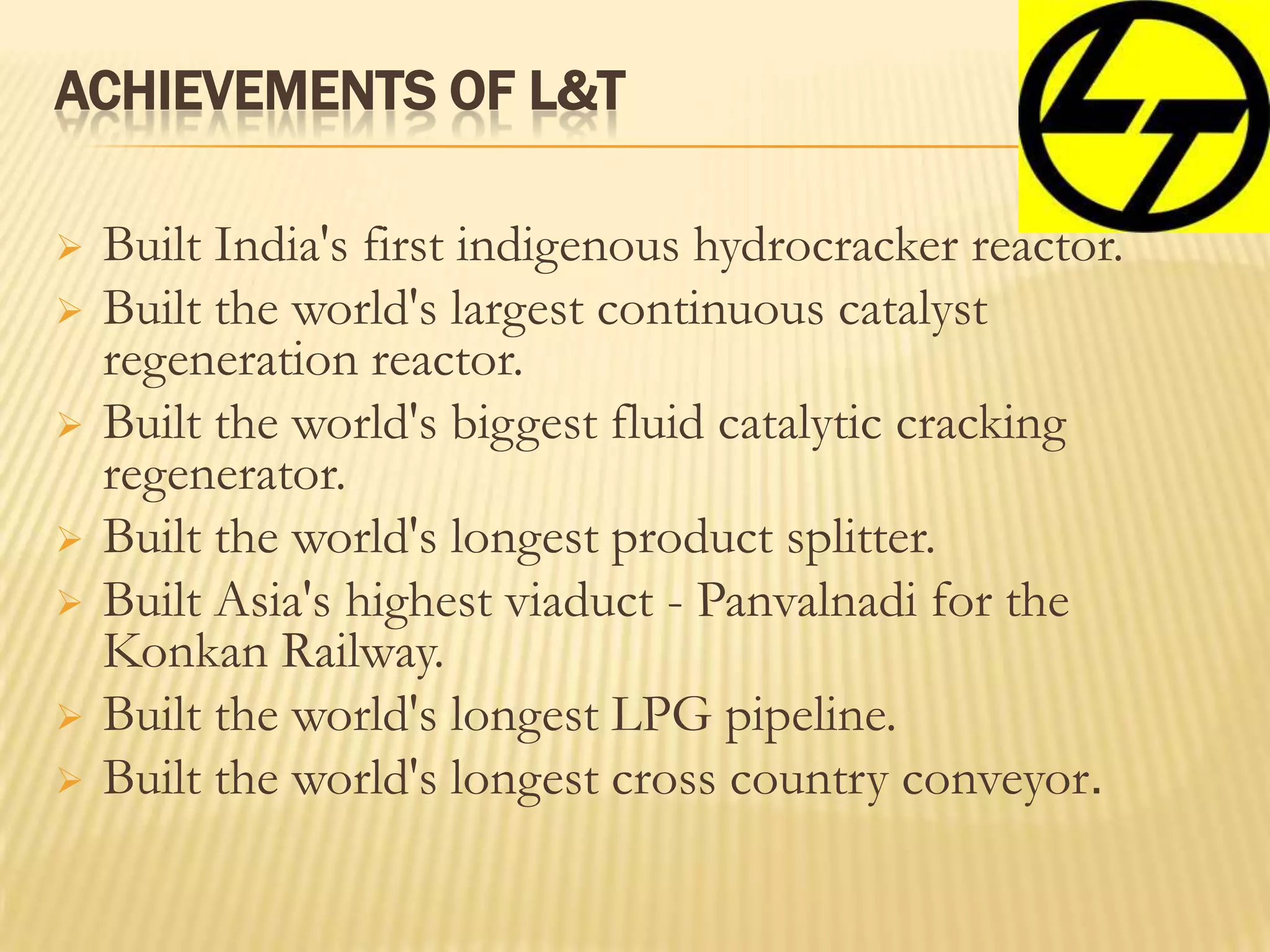 ACHIEVEMENTS OF L&T
 Built India's first indigenous hydrocracker reactor.
 Built the world's largest continuous catalyst
regeneration reactor.
 Built the world's biggest fluid catalytic cracking
regenerator.
 Built the world's longest product splitter.
 Built Asia's highest viaduct - Panvalnadi for the
Konkan Railway.
 Built the world's longest LPG pipeline.
 Built the world's longest cross country conveyor.
 