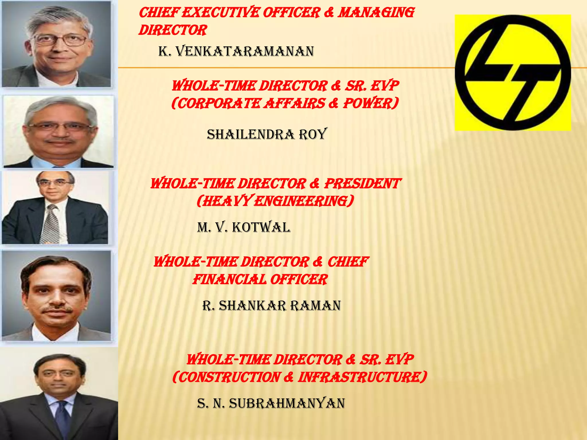 Whole-time Director & President
(Heavy Engineering)
M. V. KOTWAL
Whole-time Director & Chief
Financial Officer
R. SHANKAR RAMAN
Whole-time Director & Sr. EVP
(Construction & Infrastructure)
S. N. SUBRAHMANYAN
Whole-time Director & Sr. EVP
(Corporate Affairs & Power)
SHAILENDRA ROY
Chief Executive Officer & Managing
Director
K. VENKATARAMANAN
 