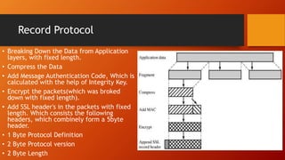 Record Protocol
• Breaking Down the Data from Application
layers, with fixed length.
• Compress the Data
• Add Message Authentication Code, Which is
calculated with the help of Integrity Key.
• Encrypt the packets(which was broked
down with fixed length).
• Add SSL header's in the packets with fixed
length. Which consists the following
headers, which combinely form a 5byte
header.
• 1 Byte Protocol Definition
• 2 Byte Protocol version
• 2 Byte Length
 