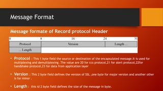 Message Format
• Protocol : This 1 byte field the source or destination of the encapsulated message.It is used for
multiplexing and demultiplexing .The value are 20 for ccs protocol,21 for alert protocol,22for
handshake protocol,23 for data from application layer
• Version : This 2 byte field defines the version of SSL ,one byte for major version and another other
is for minor .
• Length : this id 2 byte field defines the size of the message in byte.
Message formate of Record protocol Header
 