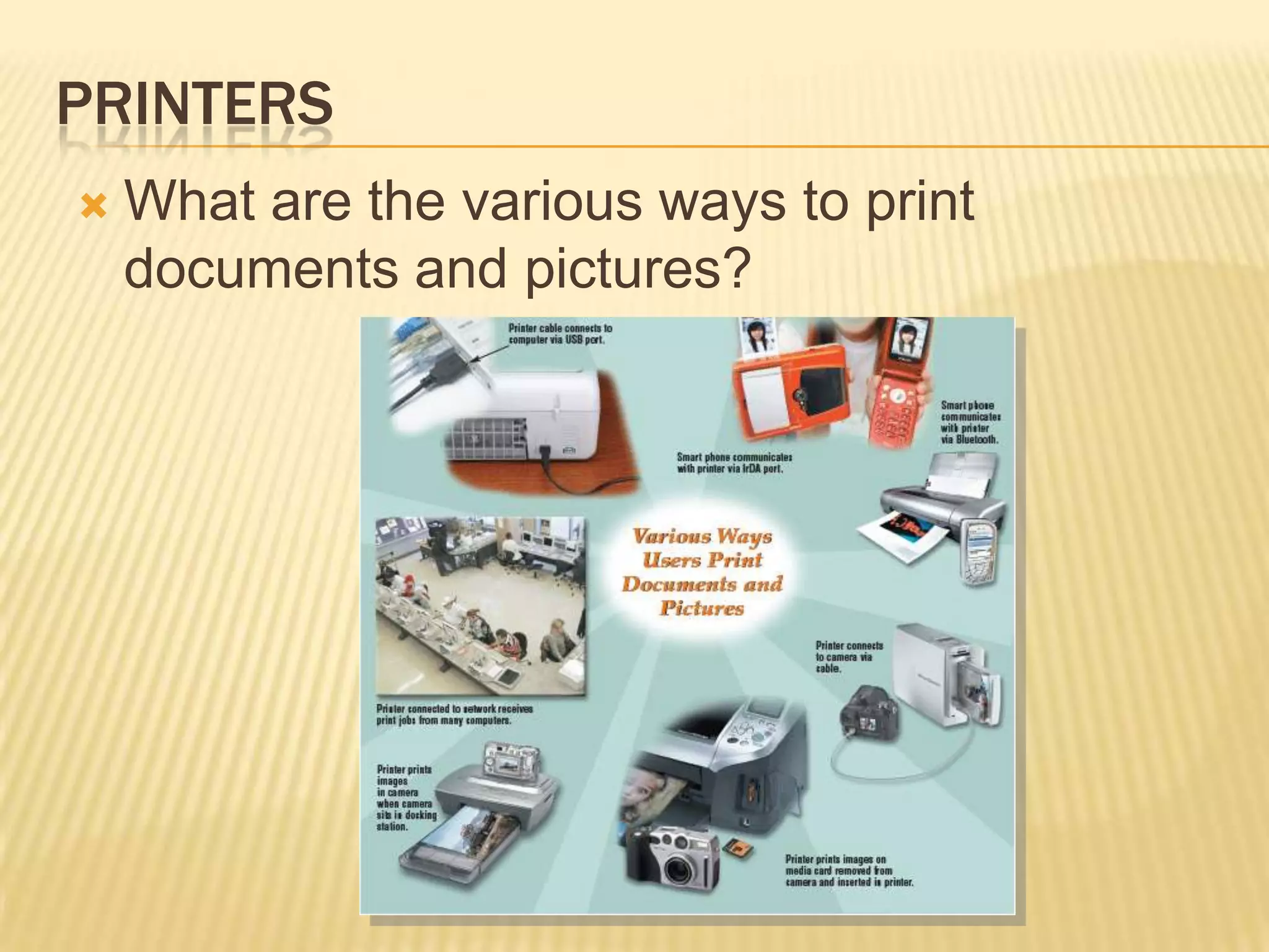Larger screen size and richer colors than LCD, but are more expensiveDisplay DevicesWhat isdigital television (DTV) andhigh-definition television (HDTV)?Many programs can bebroadcast on a singledigital channelAll broadcast stationstransmit digital signalsHigh resolutionHDTV (high-definition television)is the most advanced formof digital TVUses digital signals to producecrisper, higher-quality outputon LCD and plasma televisionsGreat for game playing, watching movies, and browsing the Internet