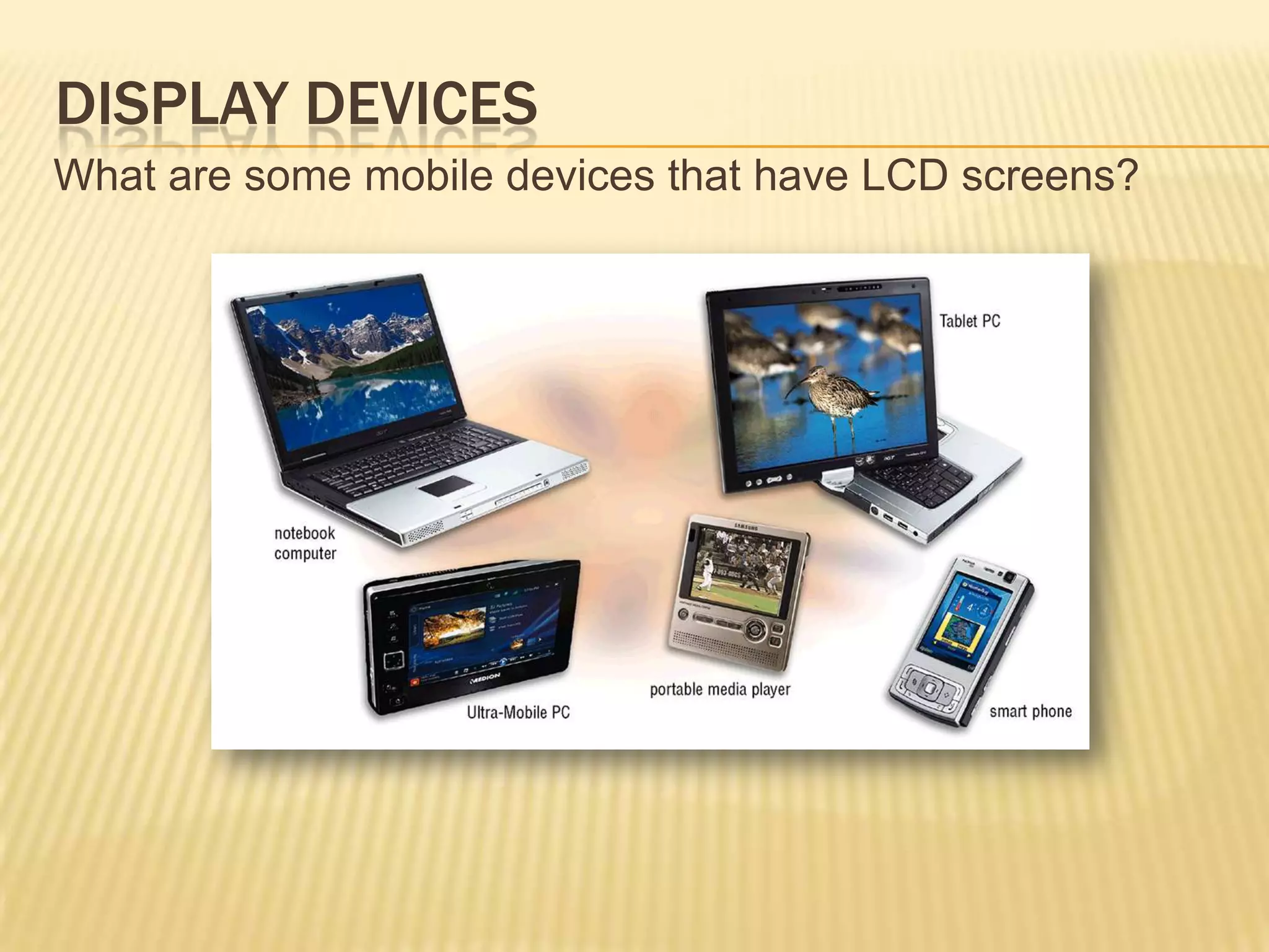 Monitorhouses display device that is packaged as separate peripheralDisplay DevicesWhat is an LCD monitor?Uses liquid crystal display