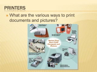 Larger screen size and richer colors than LCD, but are more expensiveDisplay DevicesWhat isdigital television (DTV) andhigh-definition television (HDTV)?Many programs can bebroadcast on a singledigital channelAll broadcast stationstransmit digital signalsHigh resolutionHDTV (high-definition television)is the most advanced formof digital TVUses digital signals to producecrisper, higher-quality outputon LCD and plasma televisionsGreat for game playing, watching movies, and browsing the Internet