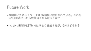 Future Work
• 今回用いたネットワークはBN前提に設計されている。これを
GNに最適化したら性能は上がるだろうか？
• IN, LNはRNN/LSTMではうまく機能するが、GNはどうか？
 