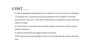 CONT…..
6.After an appropriate incubation period, the diameter of the precipitin ring is measured.
7.A standard curve is prepared using the ring diameters of the standards versus their
concentrations. This curve is then used to determine the concentration of the control and
unknown samples.
8. The presence of a precipitin ring around the antigen wells indicate specific antigen-
antibody interaction.
9. Absence of precipitin ring suggest absence of reaction.
10.The greater the amount of antigen in the well, the further the ring will form from the
well.
 