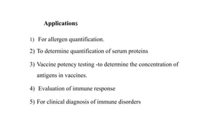 Applications
1) For allergen quantification.
2) To determine quantification of serum proteins
3) Vaccine potency testing -to determine the concentration of
antigens in vaccines.
4) Evaluation of immune response
5) For clinical diagnosis of immune disorders
 